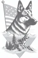 dark portrait german shepherd and border collie on a mountain peak American flag waving banner saying "diabetes" tattoo design idea