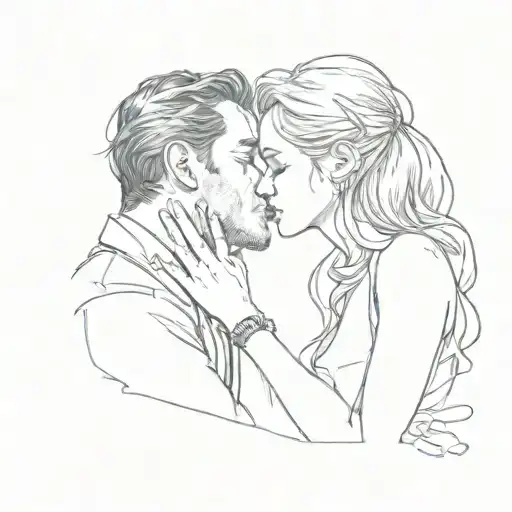 Depict a man and woman in a kissing pose, conveying warmth but also sadness. For instance, the woman could have her eyes tattoo design idea