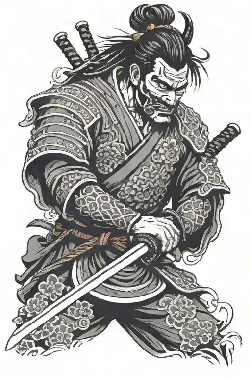 Japanese samurai warrior wielding sword with mask tattoo design idea