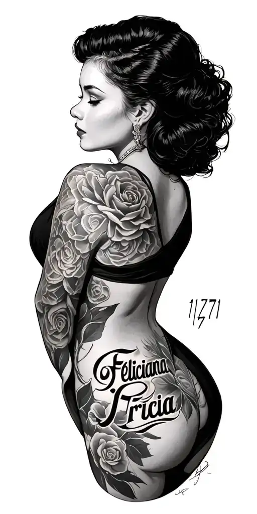 On the arm, I want:“Feliciana 1971” — in script lettering outline tattoo style (like Kai Cenat’s “Tricia”) — large eno tattoo design idea