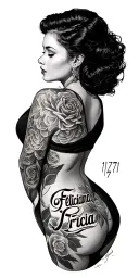 On the arm, I want:“Feliciana 1971” — in script lettering outline tattoo style (like Kai Cenat’s “Tricia”) — large eno tattoo design idea