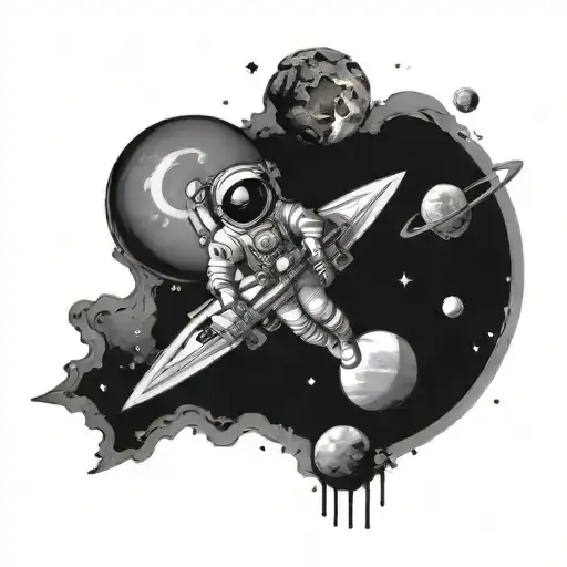 three planets with rocket ship flying behind astronaut tattoo design idea
