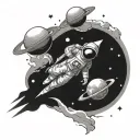 three planets with rocket ship flying behind astronaut tattoo design idea