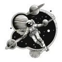 three planets with rocket ship flying behind astronaut tattoo design idea