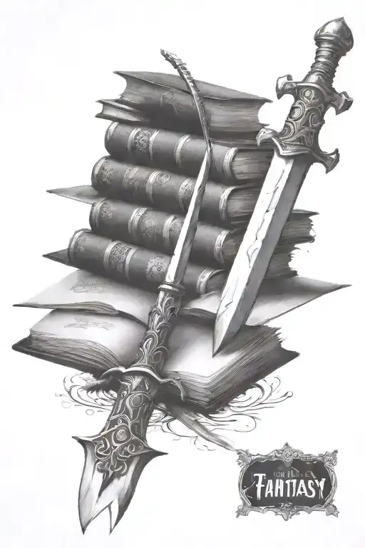 Include a stack of fantasy books. Have an open book on top with a hand coming out of it holding the hilt of a sword.  tattoo design idea
