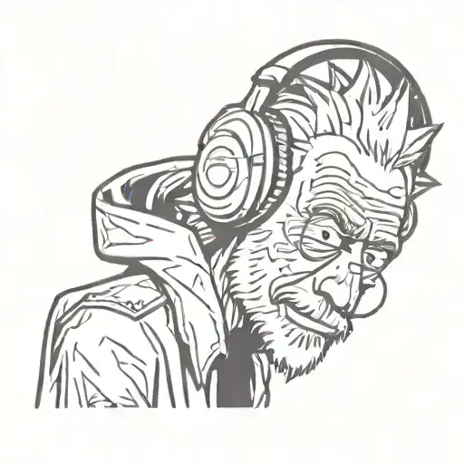 cartoon rick Sanchez wearing headphones and listening tattoo design idea