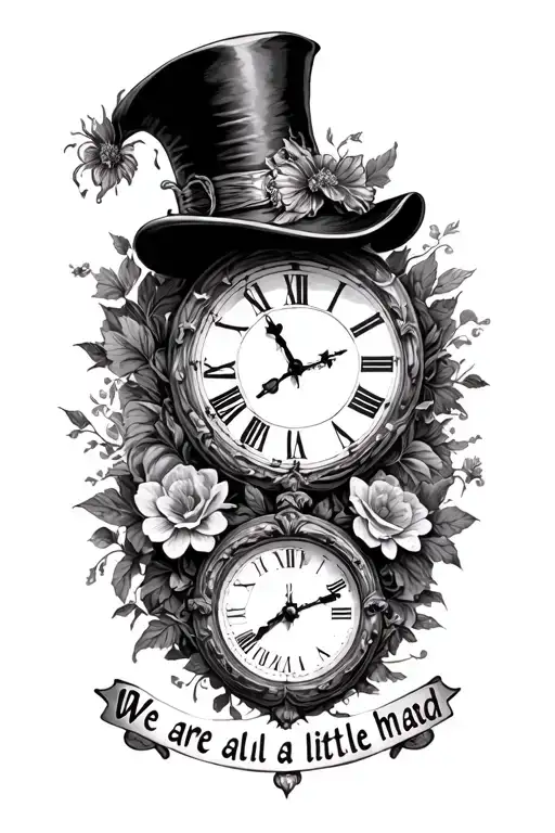 "We are all a little mad here." alice in wonderland, mad hatter hat, clock, tattoo design idea