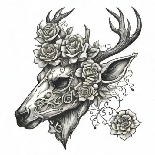 forward facing Stag skull with flowers coming off the left eye inside  tattoo design idea