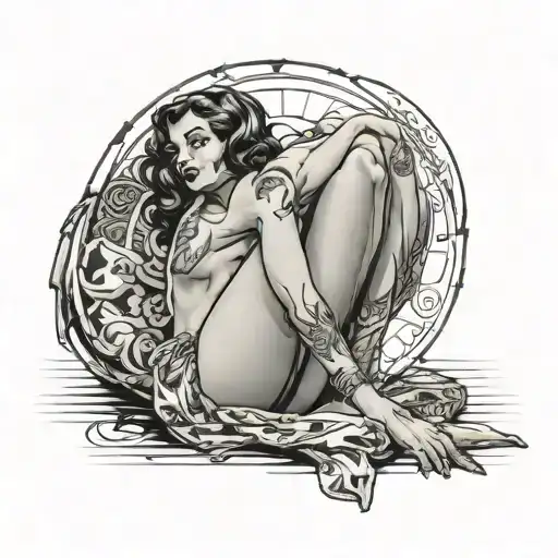 pin up girl nude posing on her knees looking away tattoo design idea