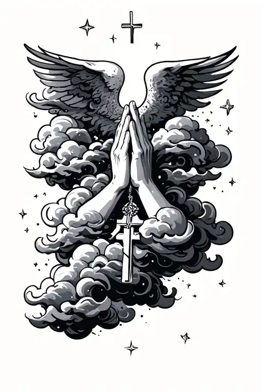 tattoo with vertical cloud waves horizontal down forearm, stars incorporated in clouds and praying hands and cross neckl tattoo design idea