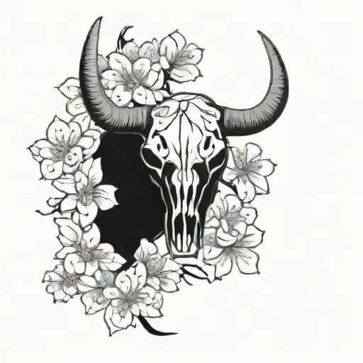 bull skull cherry blossoms  tattoo design idea