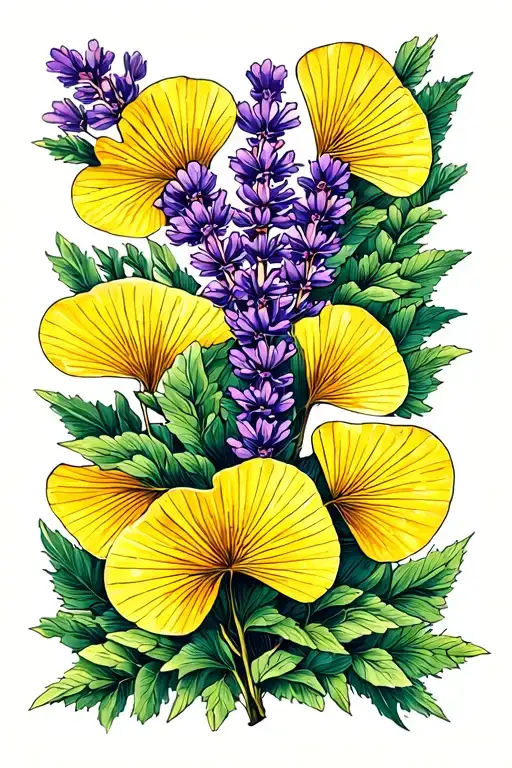 lavender and yellow acacia flowers with two gingko leaves tattoo design idea