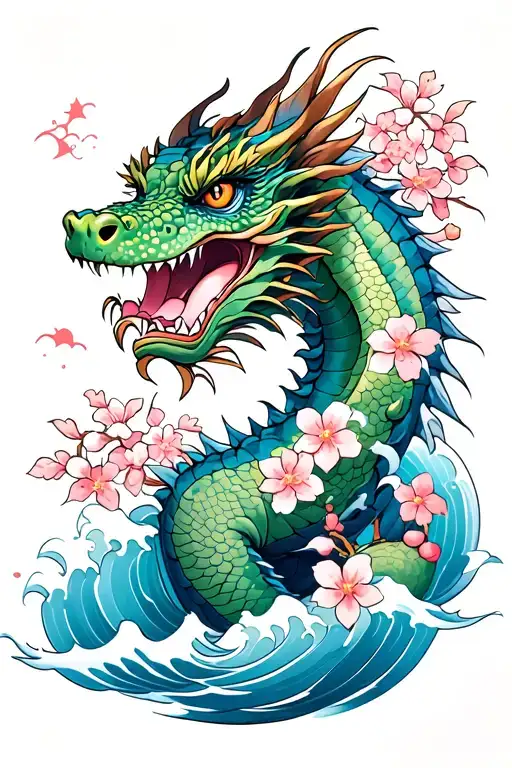 Japanese Water Dragon with cherry blossoms and waves tattoo design idea