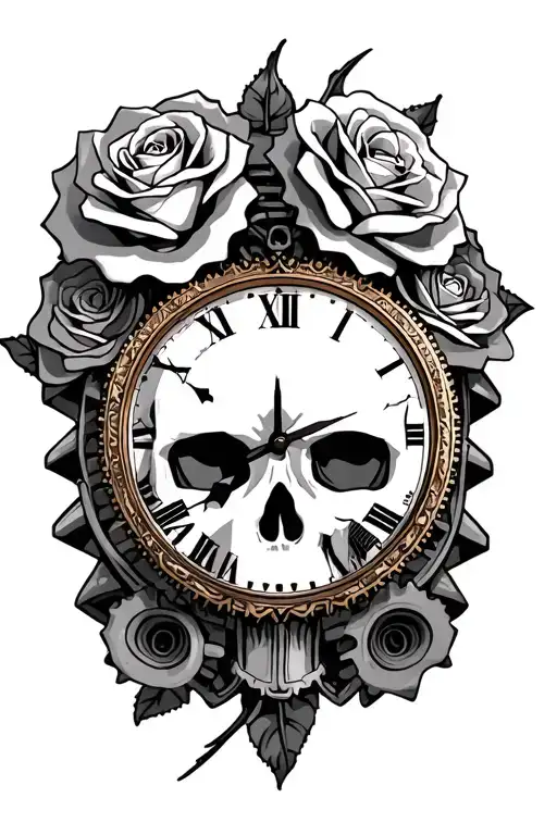 skull roses are Roman numerals clock gears tattoo design idea