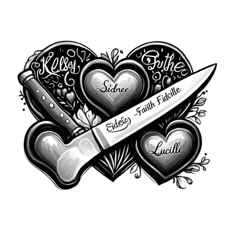 abstract of food a chef knife and 4 hearts with the name Kelsey Sidnee Faith Lucille in each heart tattoo design idea