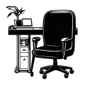monoline home office icon, stylized desk and chair silhouette, geometric clean lines, black on white tattoo design idea
