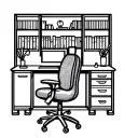 monoline home office icon, stylized desk and chair silhouette, geometric clean lines, black on white tattoo design idea