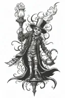 fictional, fantasy character, Candlestick Man, wearing clothing like outlaws from the 1800s. tattoo design idea