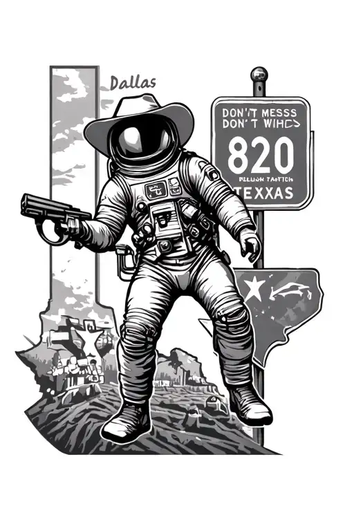 space cowboy astronaut  Texas theme sleeve with Dallas sports teams and don't mess with Texas sign 820 interstate sign  tattoo design idea