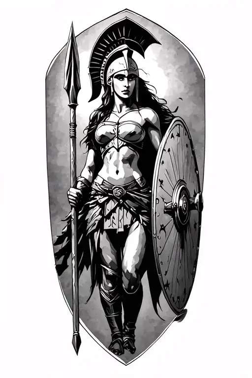 ares as a female spartan with spear and shield adorned tattoo design idea