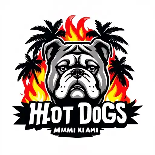 "Miami Hot Dogs" bulldog face and fire and palm tree tattoo design idea