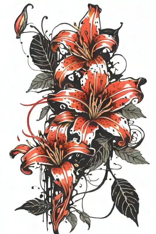 Lily flowers and vine leaves growing  tattoo design idea