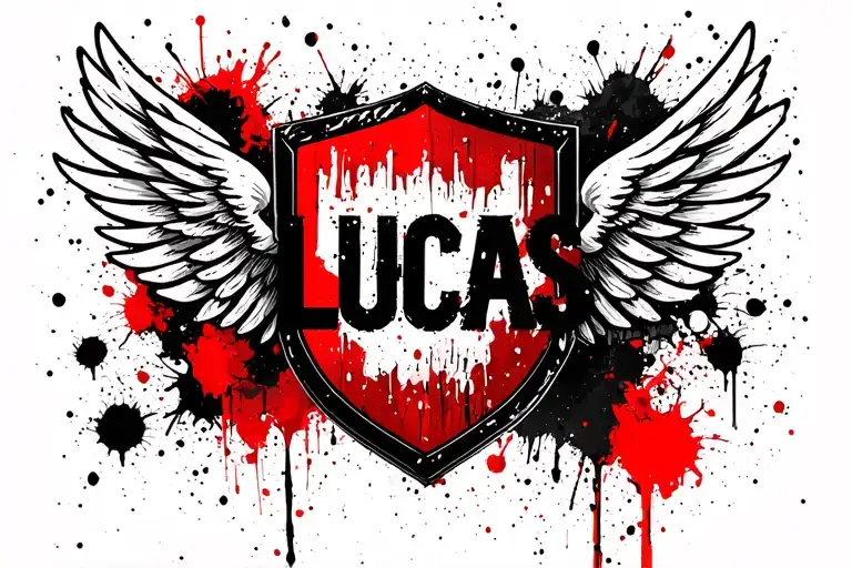 "Lucas" shield and wings with name written tattoo design idea