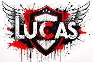 "Lucas" shield and wings with name written tattoo design idea