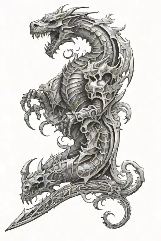 leg sleeve, armour, skulls, dragons, skyrim tattoo design idea