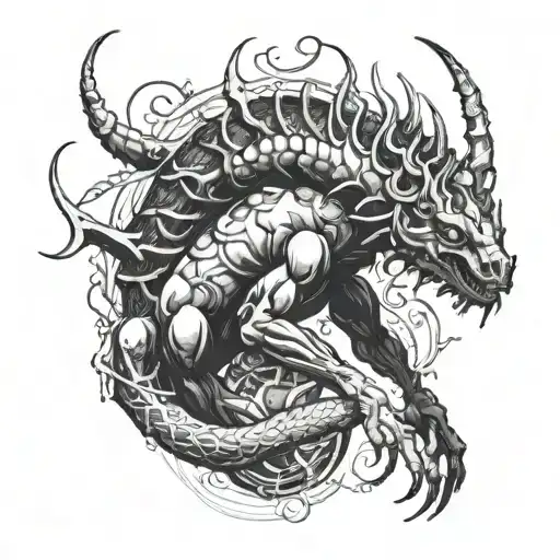 A black-and-white tattoo design of a half-demon, half-scolopendra creature, structured like a centaur but with a scolope tattoo design idea