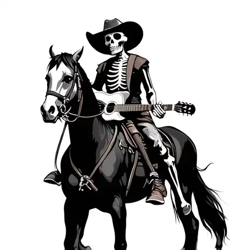 skeleton cowboy riding a horse with a guitar tattoo design idea