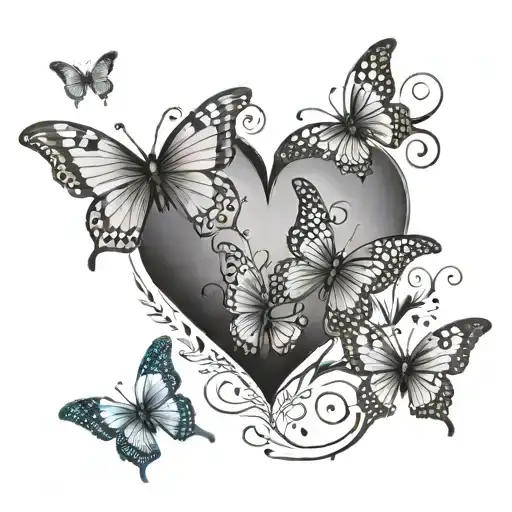 A black-grey tattoo of butterflies flying in a heart formation, representing the client's dedication to spreading love and kindness in their nursing profession tattoo design idea