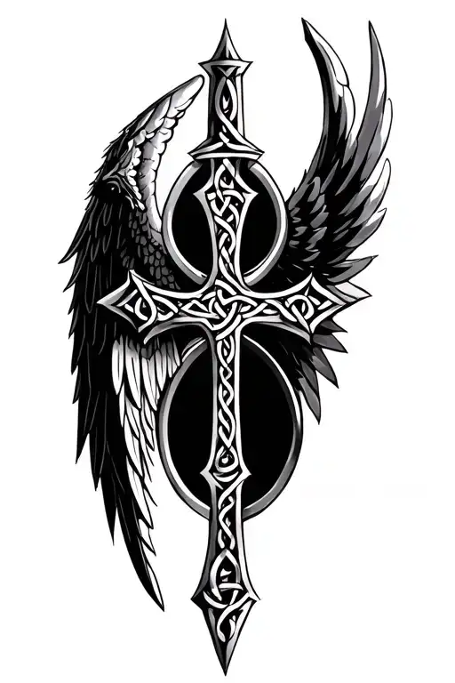 Celtic cross with an angel wing on one side and a dragon wing on the other  tattoo design idea