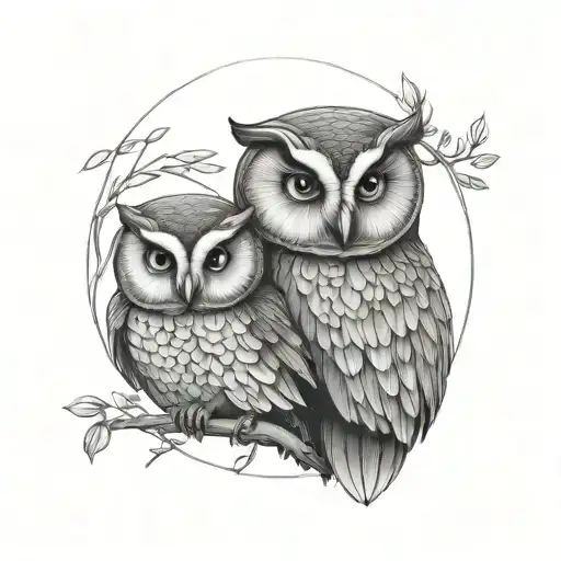 mother and baby owl fine line tattoo design idea