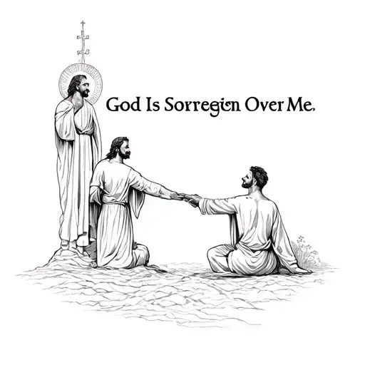 "God Is Sovereign Over Me" A man meeting with God reaching towards tattoo design idea
