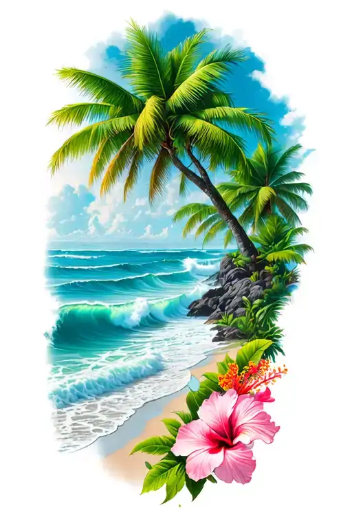 waves on a beach with a banyan tree and hibiscus flower tattoo design idea