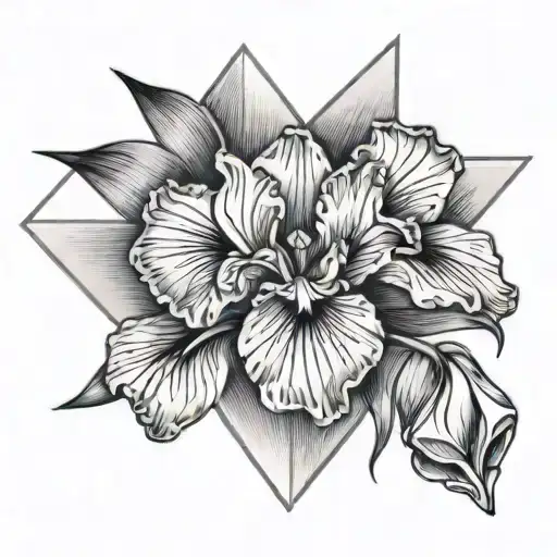 a medium crystal diamond with 3 Iris flowers sitting above the diamond with their stems visible bellow the diamond  tattoo design idea