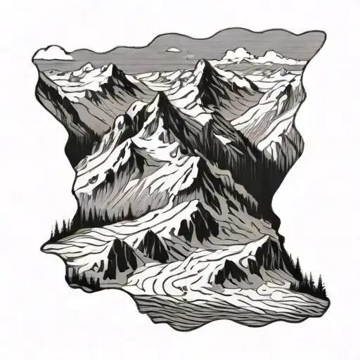 A majestic glacier landscape with a hidden ski resort in the background tattoo design idea