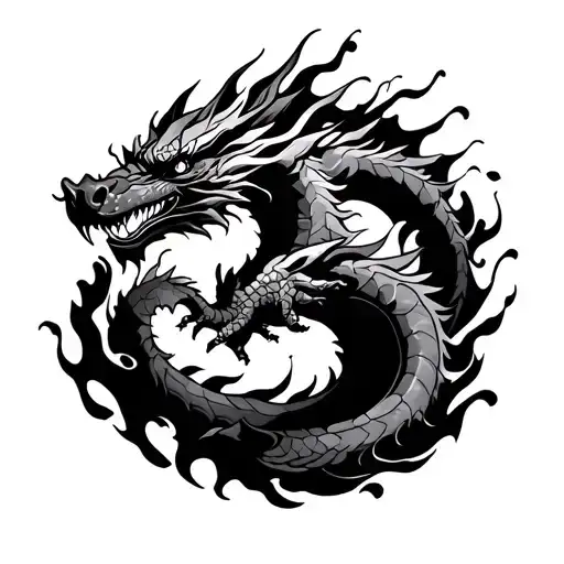 dragon with fire around it and strength knows no limit in Chinese around it tattoo design idea