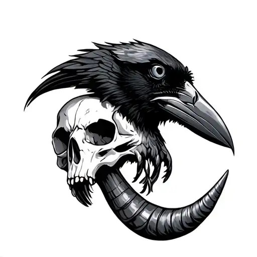 raven on a long horn skull tattoo design idea
