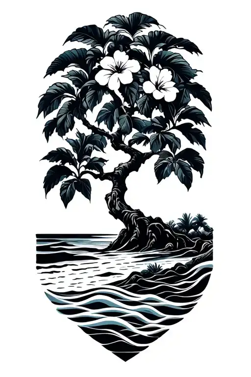 banyan tree with hibiscus vine with waves and a beach tattoo design idea