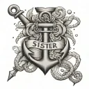 anchor with heart eyelet in sunset with word sister heart tattoo design idea