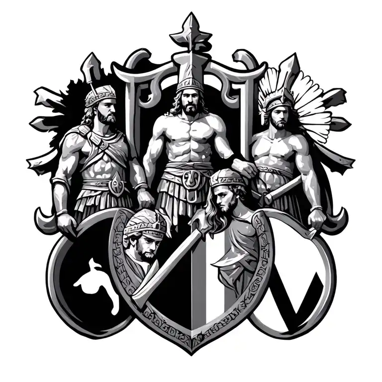 family heraldry with Greek warrior and Germanic symbolism.  tattoo design idea