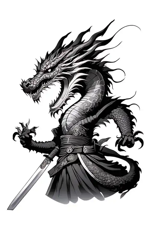 semi-realistic dragon full body and katana of tanjiro mask demon slayer tattoo design idea