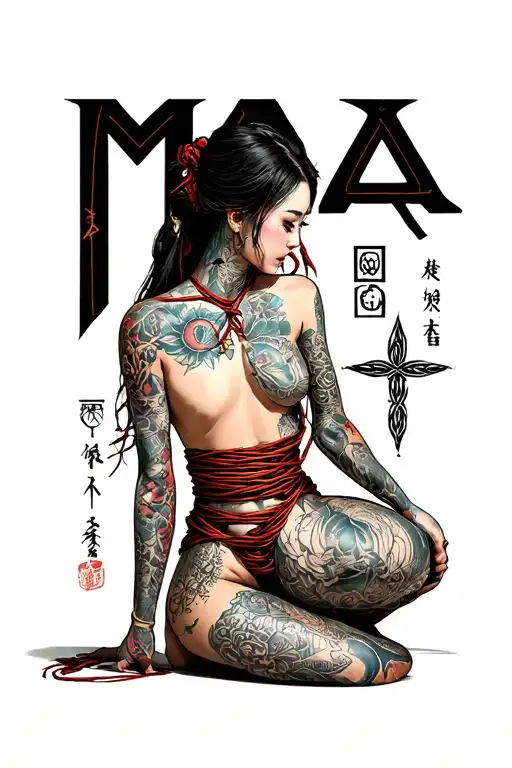 woman kneeling in shibari bondage rough sex, Nordic runes spelling MASTER in background tattoo design idea