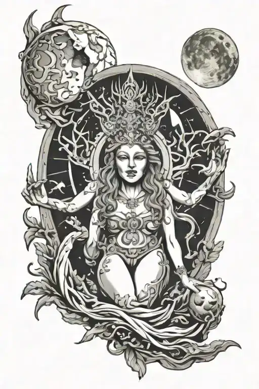 wisdom goddess full body standing raised hand powerful sexy full moon rising tattoo design idea