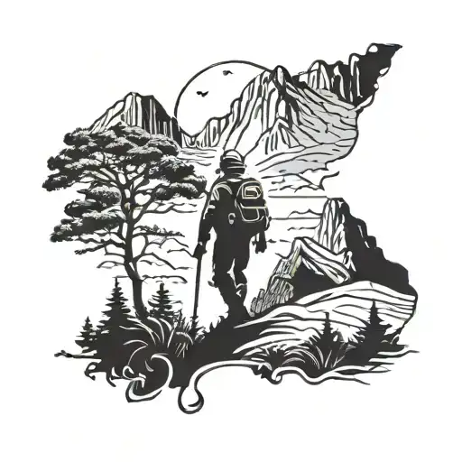 Mountain landscape with a silhouette of a soldier hiking, surrounded by trees and wildlife tattoo design idea