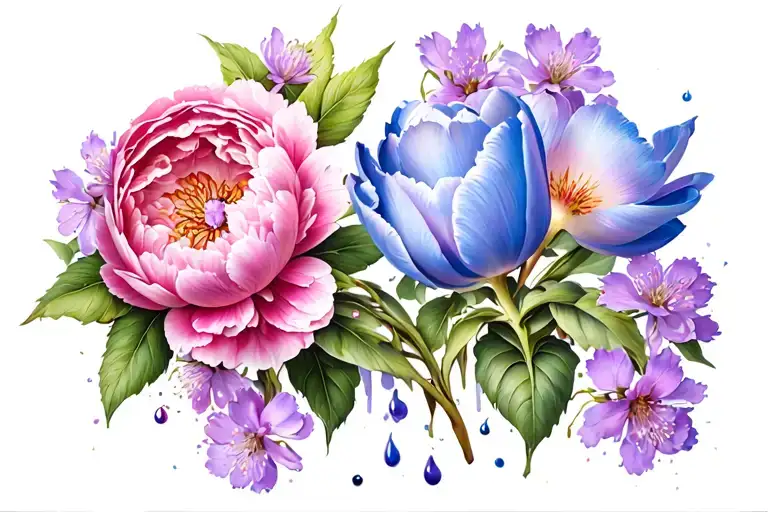shoulder floral with small purple sakuras falling apart to the arm, and to the chest a pink peony and a blue tulip tattoo design idea