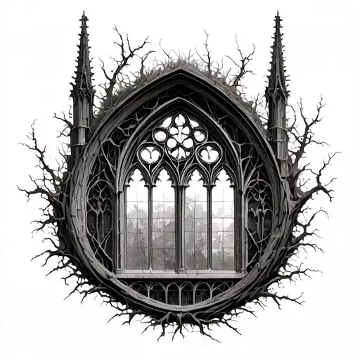 Gothic Cathedral Window overgrown with dead vines tattoo design idea