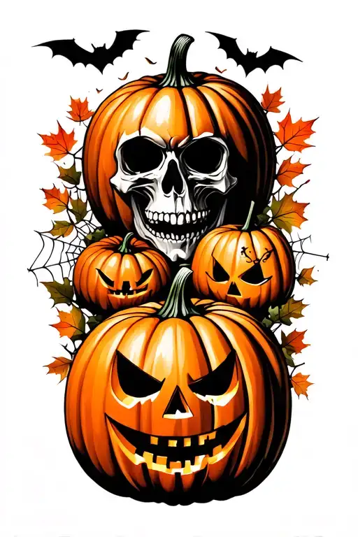 pumpkins and  skulls bats spiderwebs and falling maple leaves. the pumpkins and leaves should have color tattoo design idea